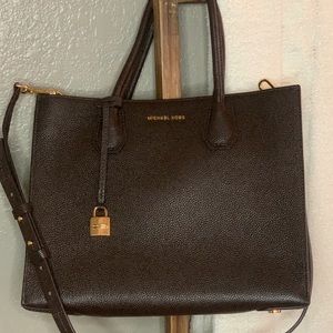 Michael Kors Mercer Chocolate Pebble Leather tote with gold tone hardware